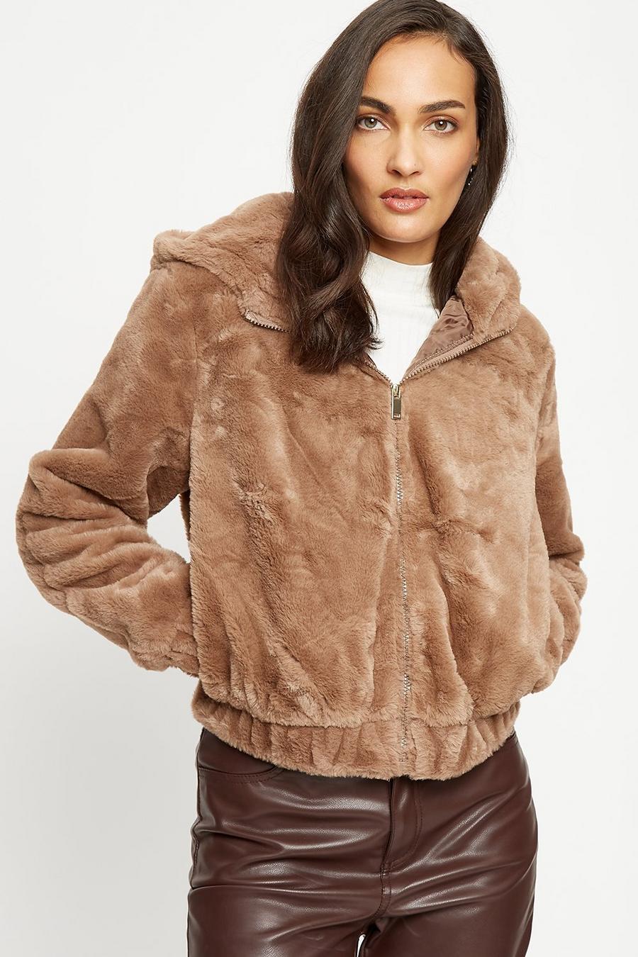 Short Faux Fur Zip Through Hooded Coat