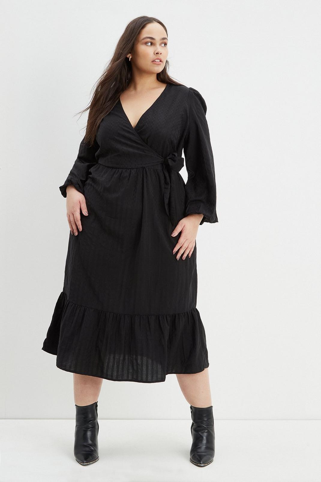 Black Curve Textured Wrap Midi Dress image number 1