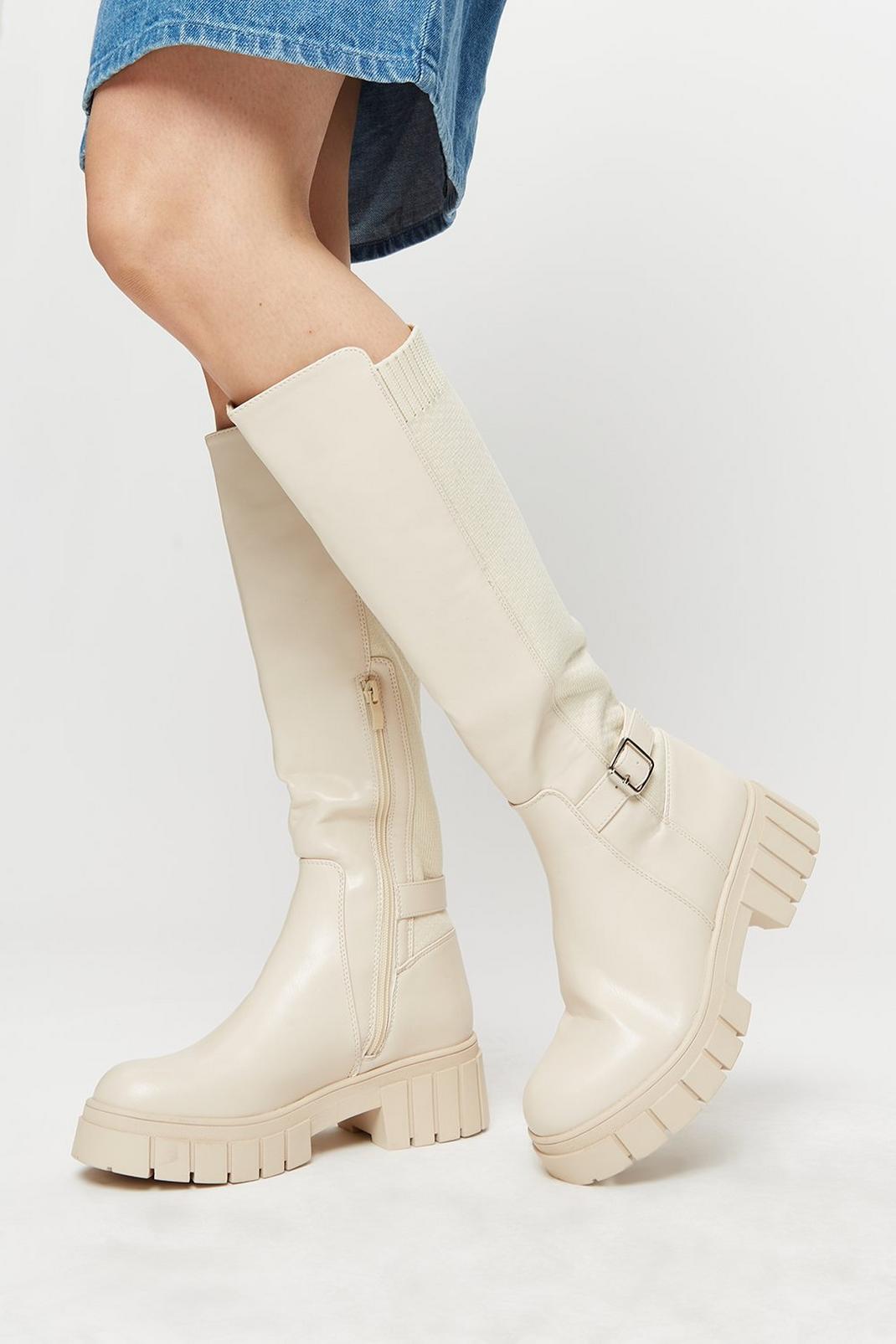 Beige Taurus Buckle Detail Chunky Long Boots image number 1