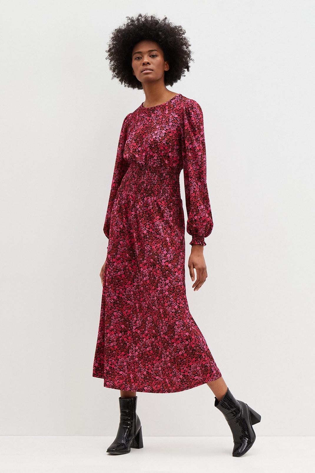Multi Tall Ditsy Floral Shirred Waist Midi Dress image number 1