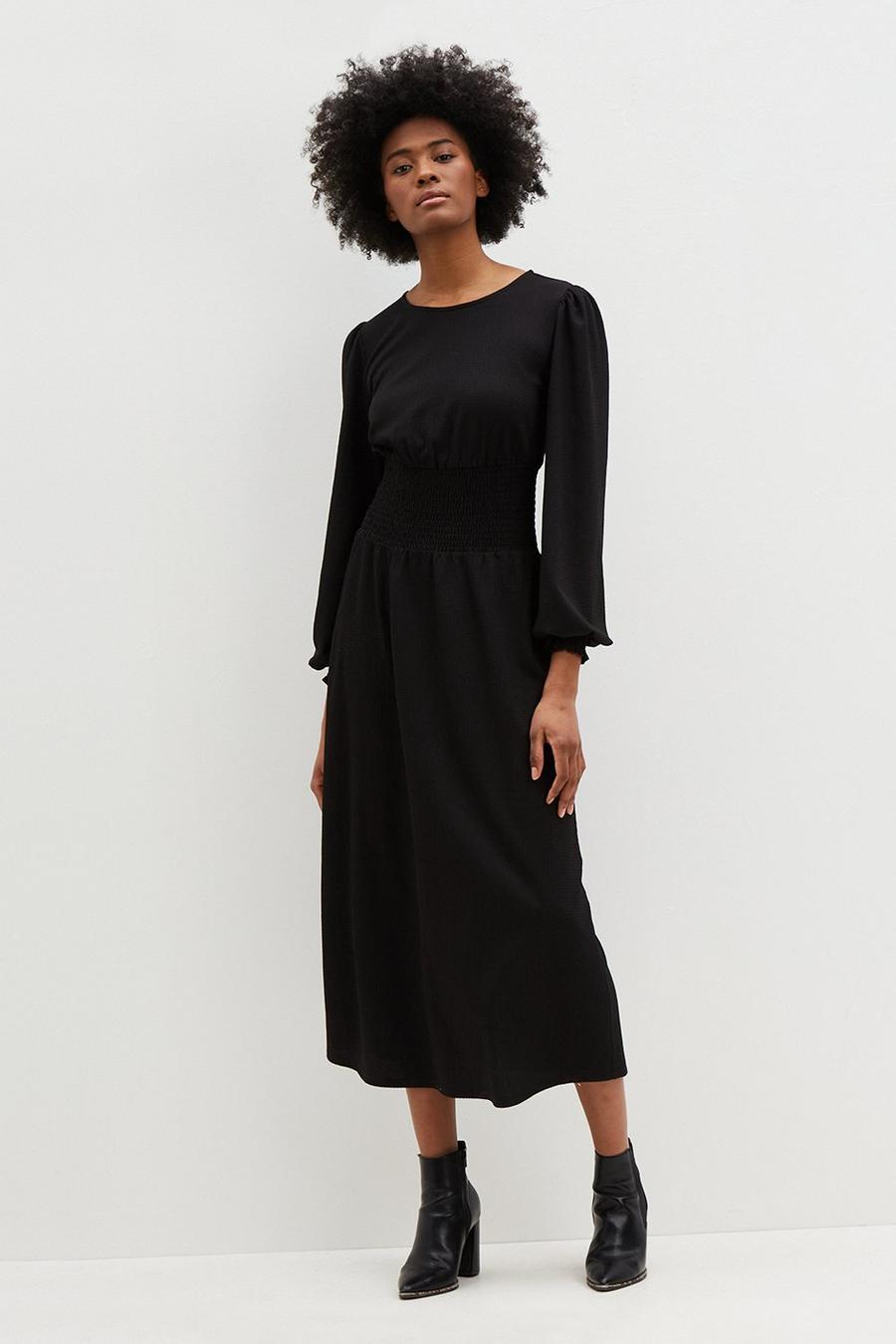 Tall Black Shirred Waist Midi Dress 