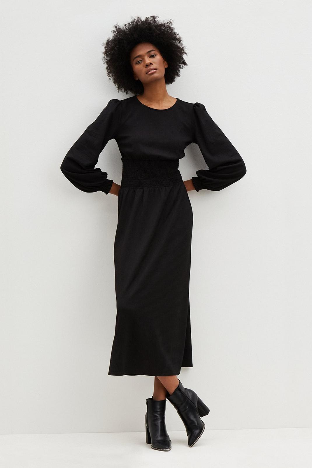 105 Tall Black Shirred Waist Midi Dress  image number 2