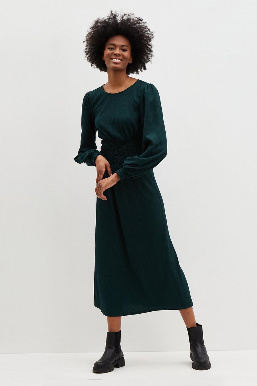 Tall Dark Green Shirred Waist Midi Dress