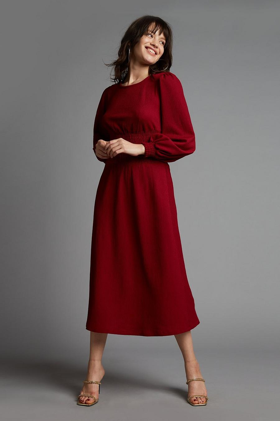 Petite Berry Shirred Waist Midi Dress
