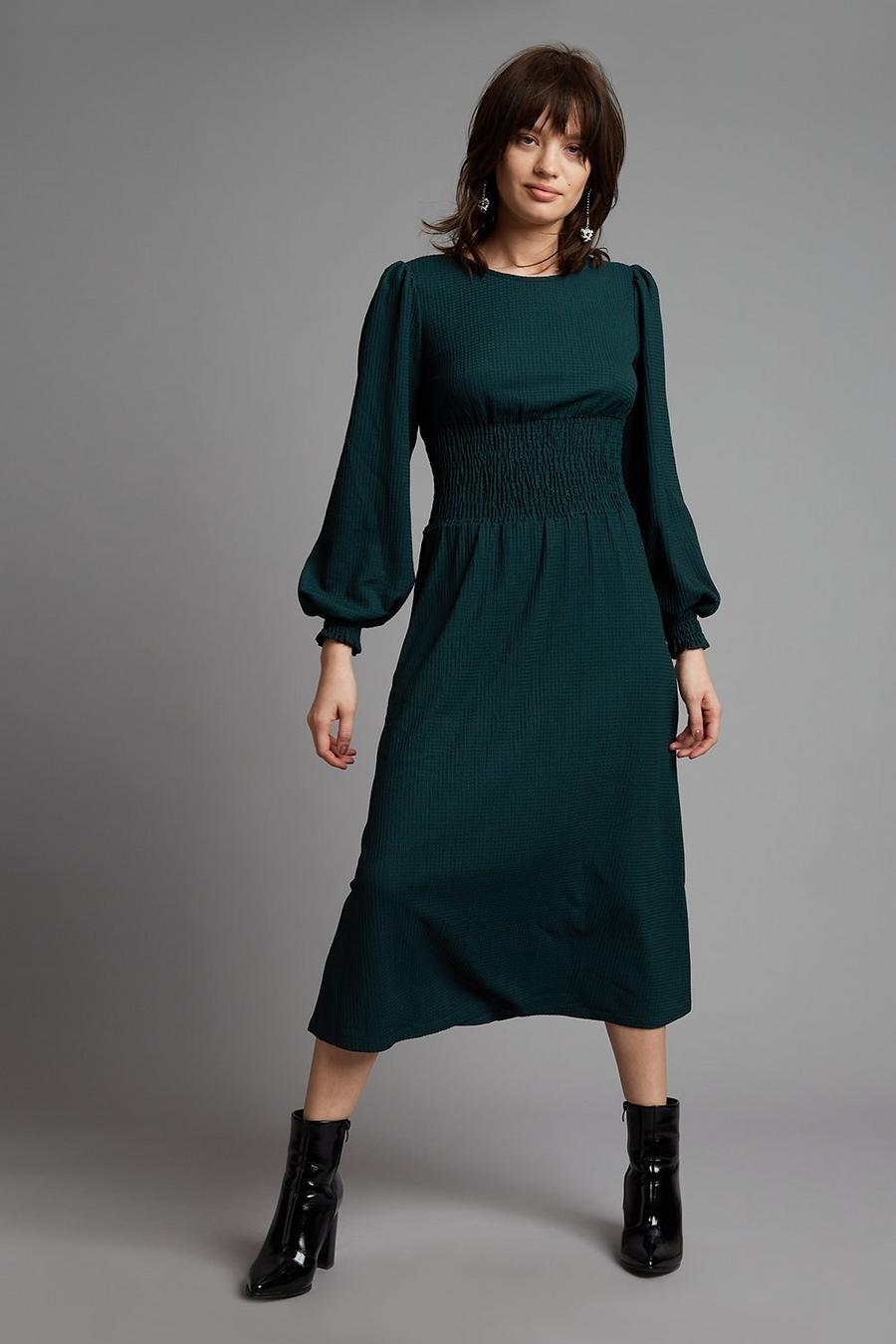 (ME) Petite Dark Green Shirred Waist Midi Dress