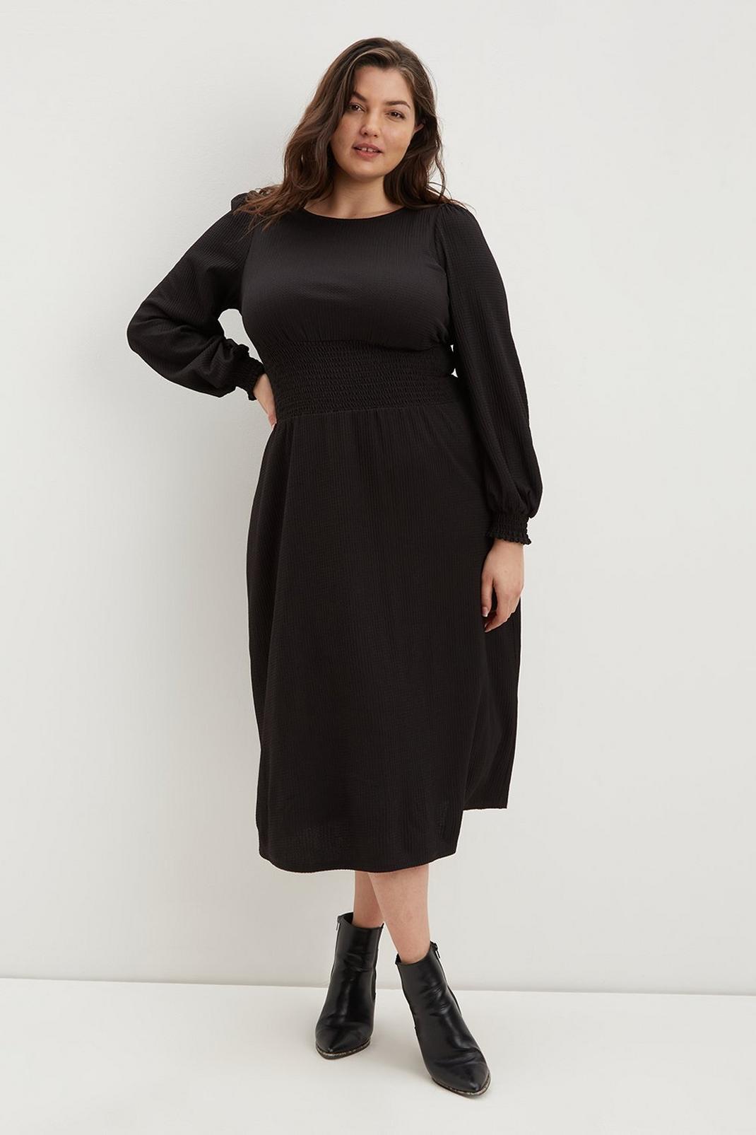 105 Curve Black Shirred Waist Midi Dress  image number 1
