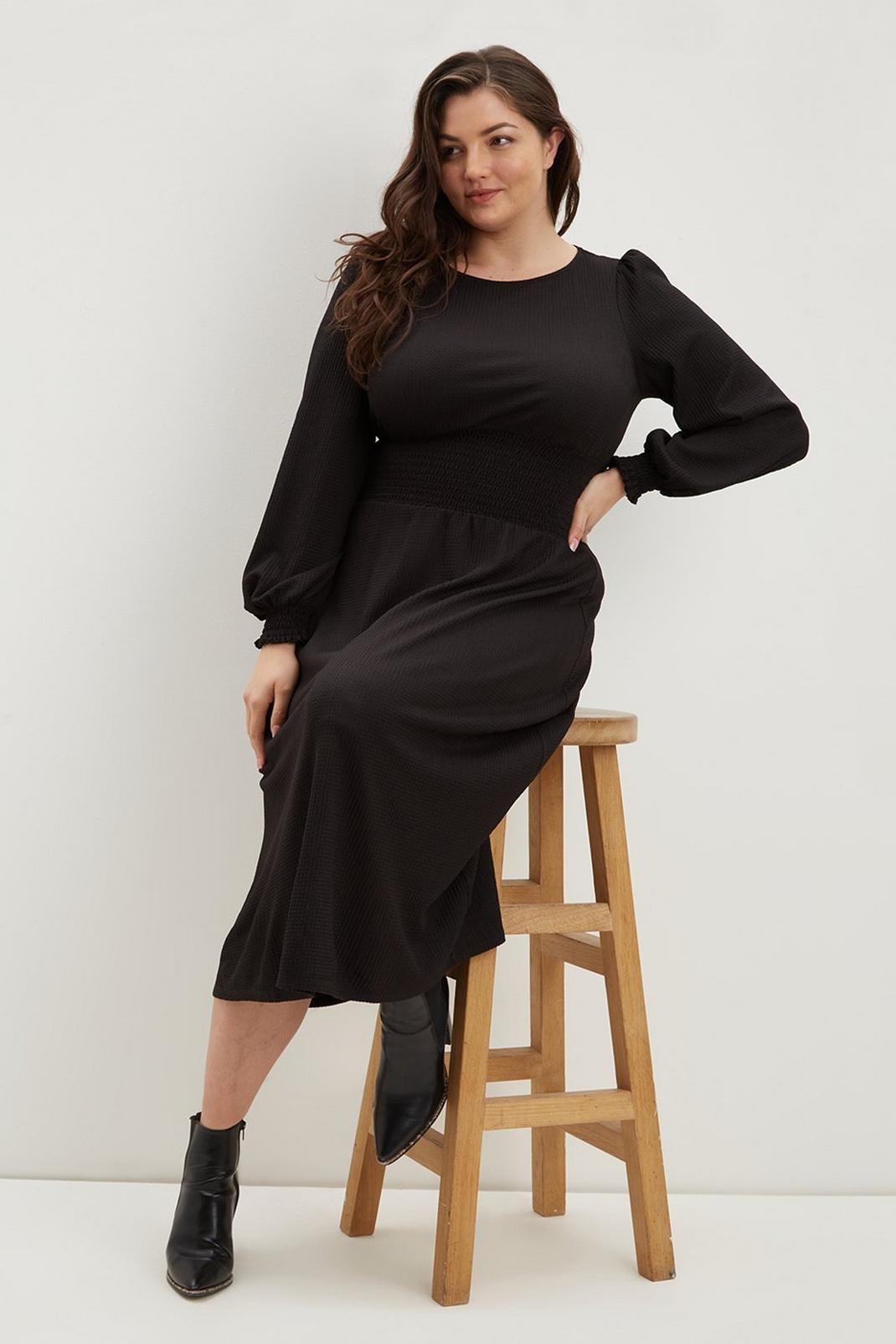 105 Curve Black Shirred Waist Midi Dress  image number 2