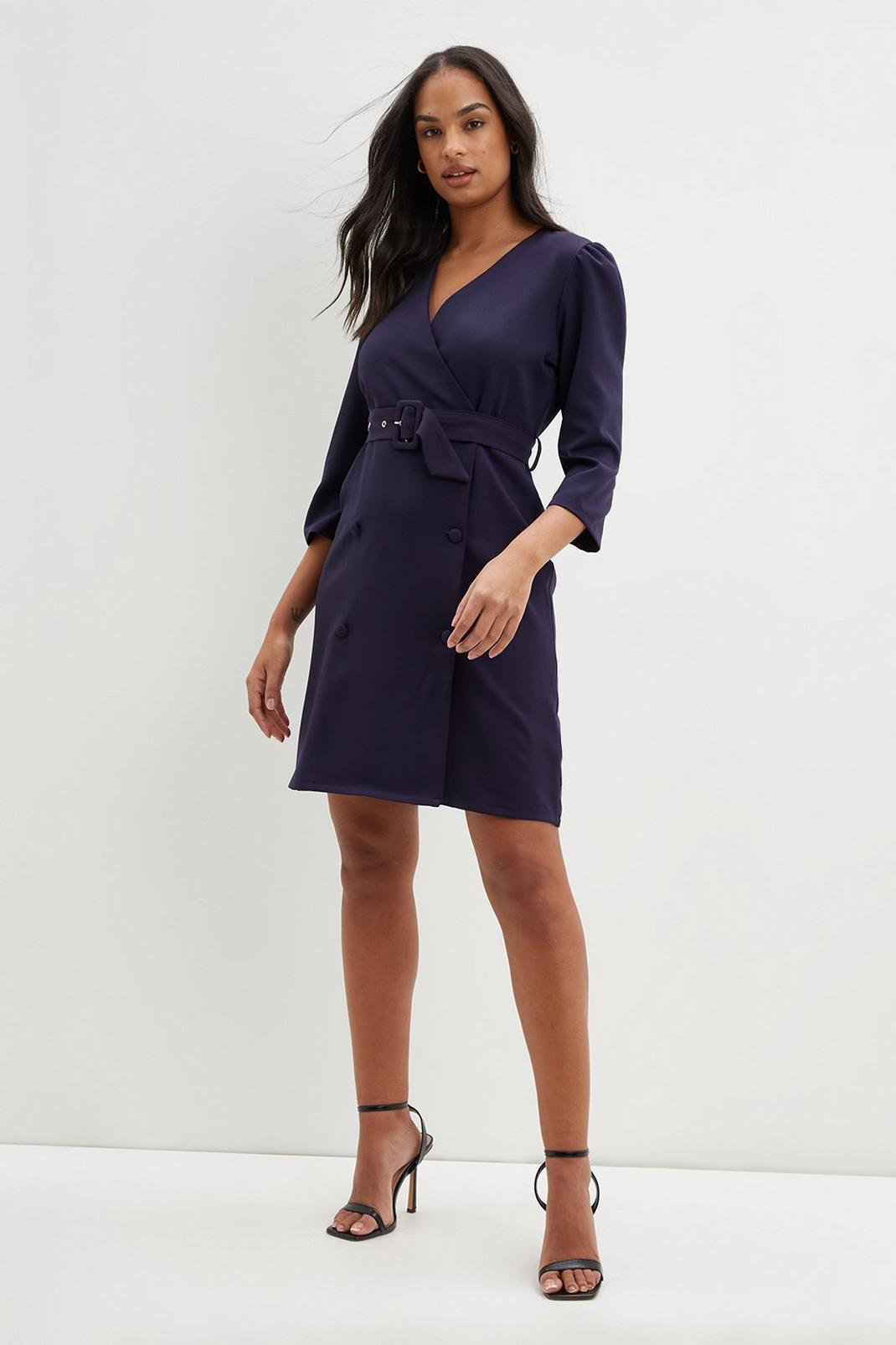 Navy Tailored Belted Midi Dress image number 1