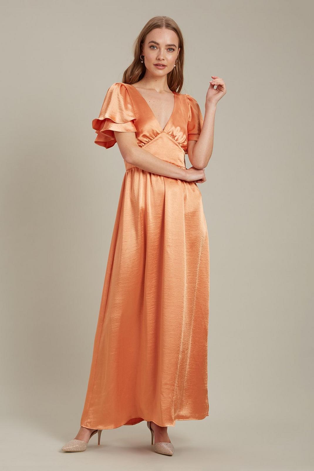 Apricot Satin Frill Sleeve Maxi Dress image number 1