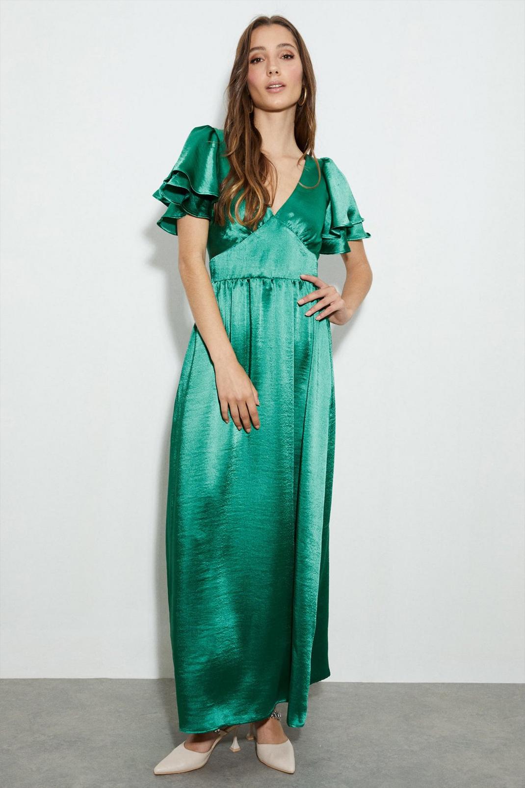 Bright green Satin Frill Sleeve Maxi Dress image number 1