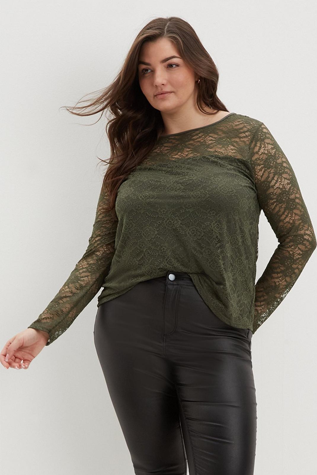 Curve Khaki Lace Long Sleeve Top  image number 1