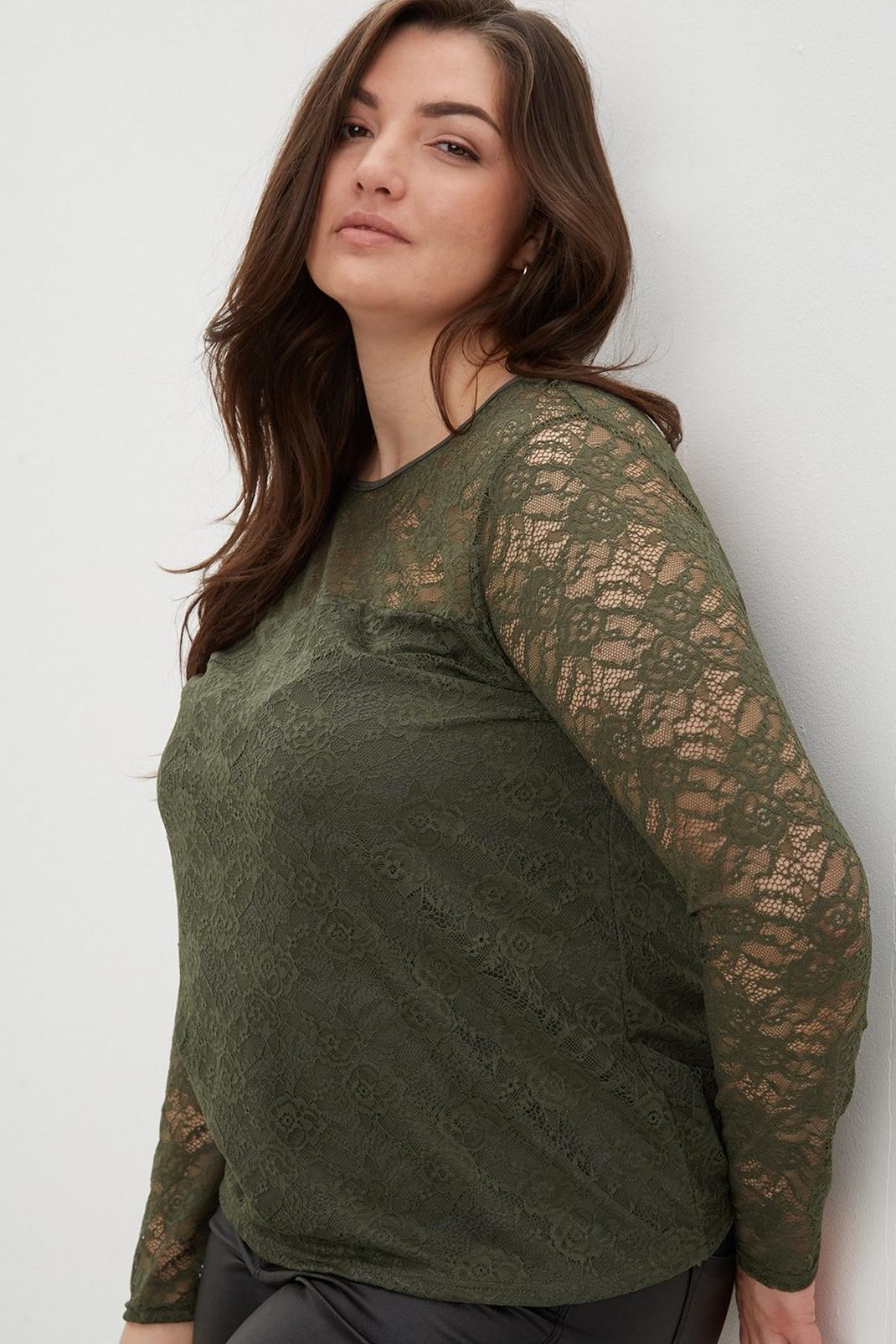 135 Curve Khaki Lace Long Sleeve Top  image number 2