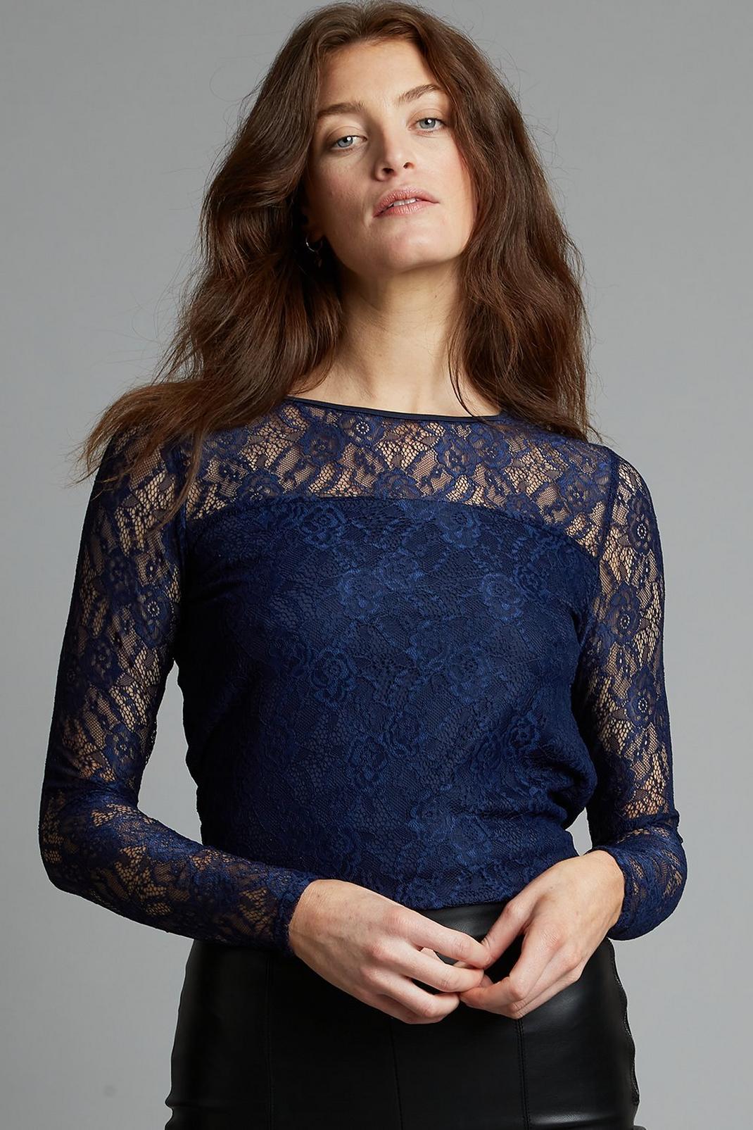 Tall Navy Long Sleeve Lace Top image number 1