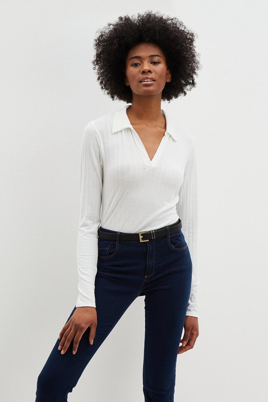 Tall Ivory Ribbed Long Sleeve Collared Top 