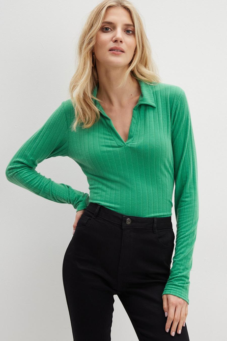 Tall Green Ribbed Long Sleeve Collared Top 