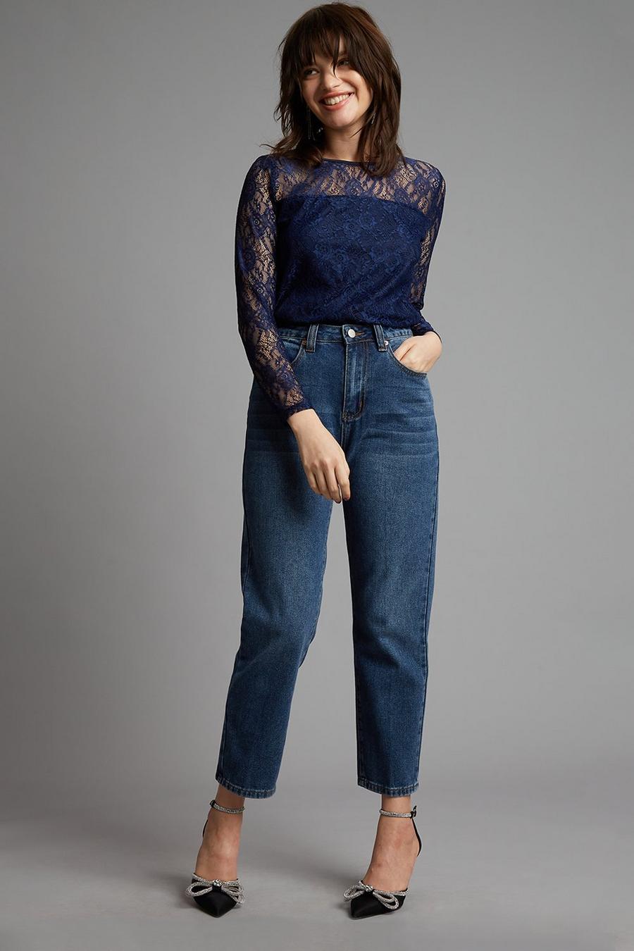 Petite Navy Lace Long Sleeve Top