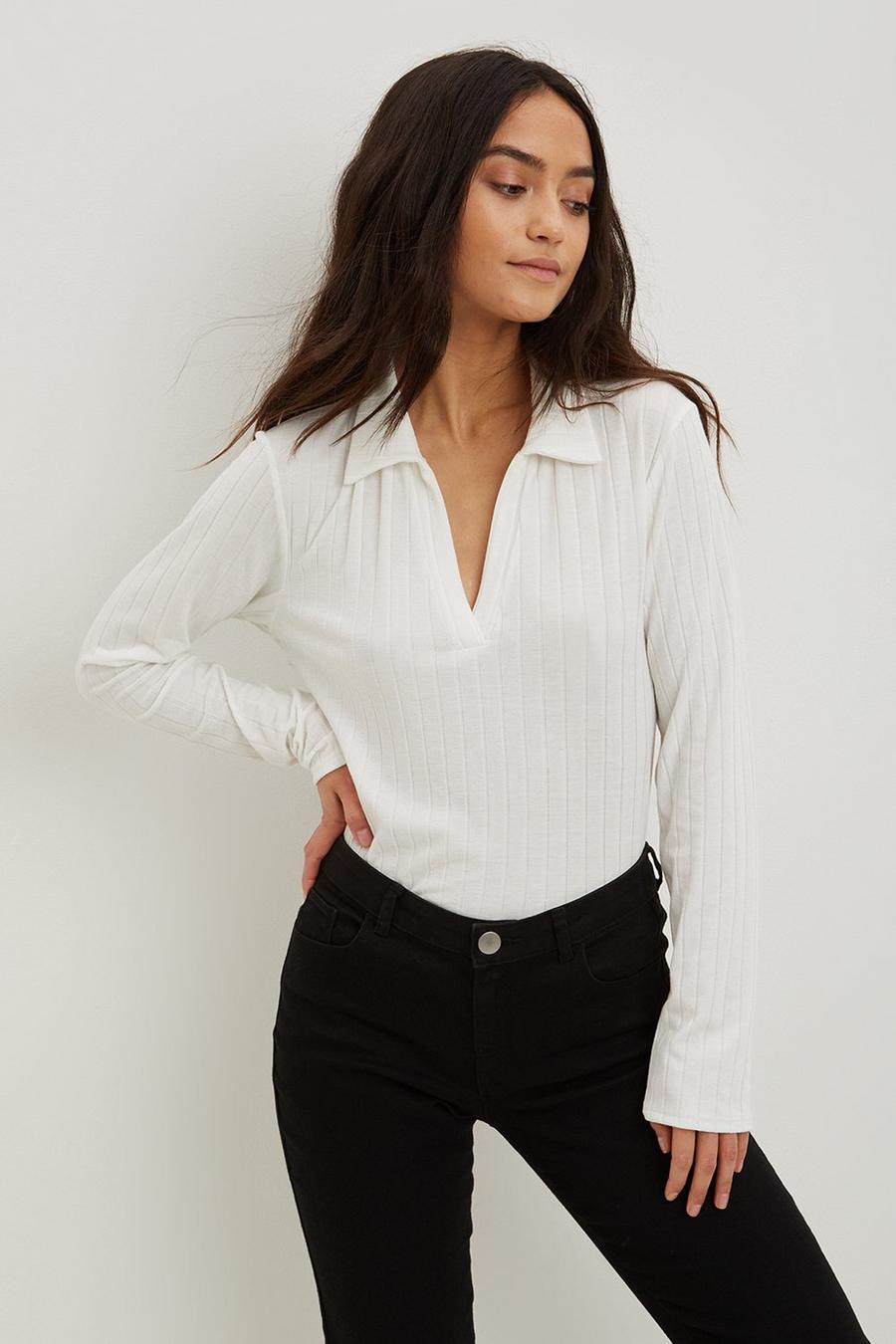Petite Ivory Ribbed Long Sleeve Collared Top