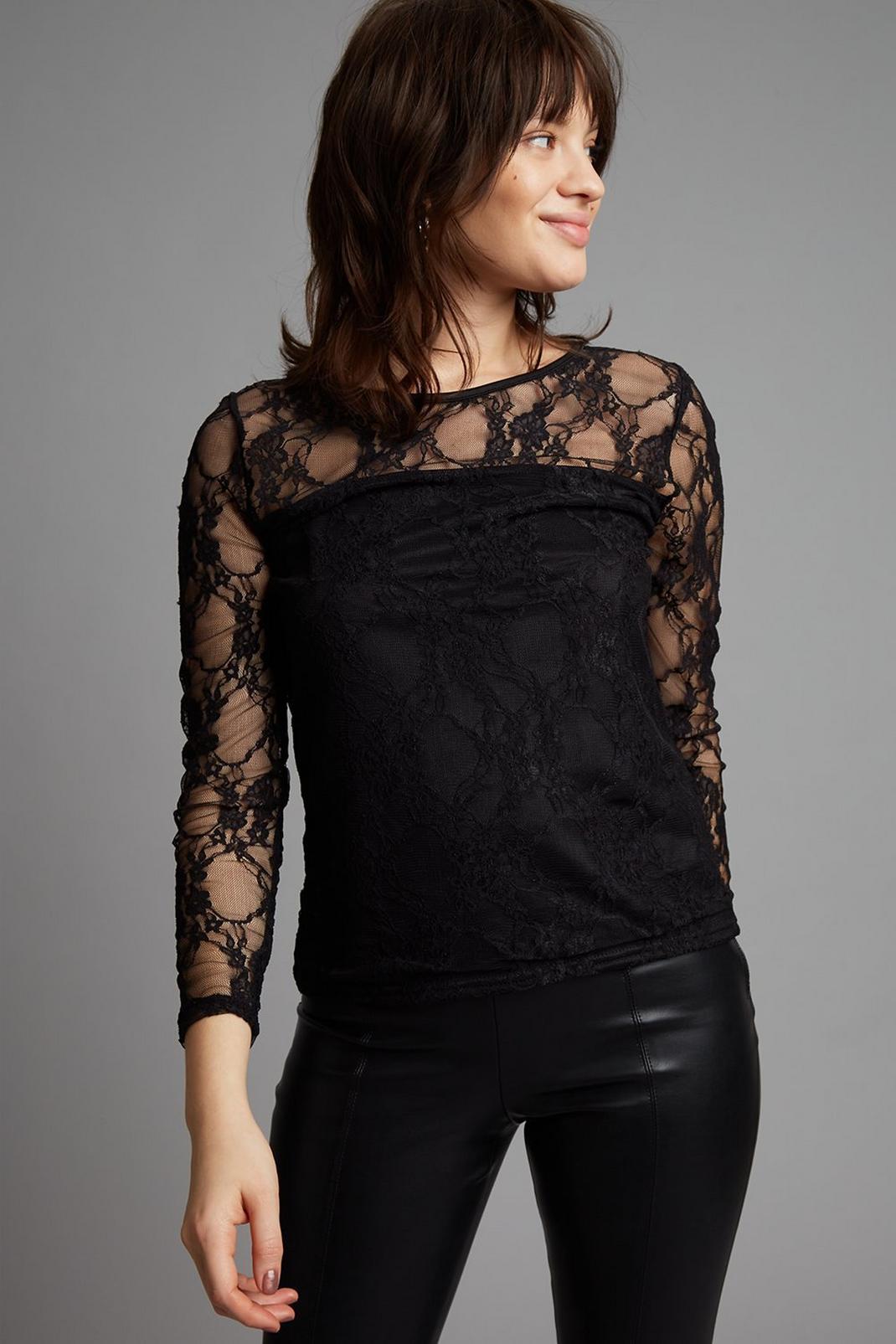 Petite Black Lace Long Sleeve Top | Dorothy Perkins UK
