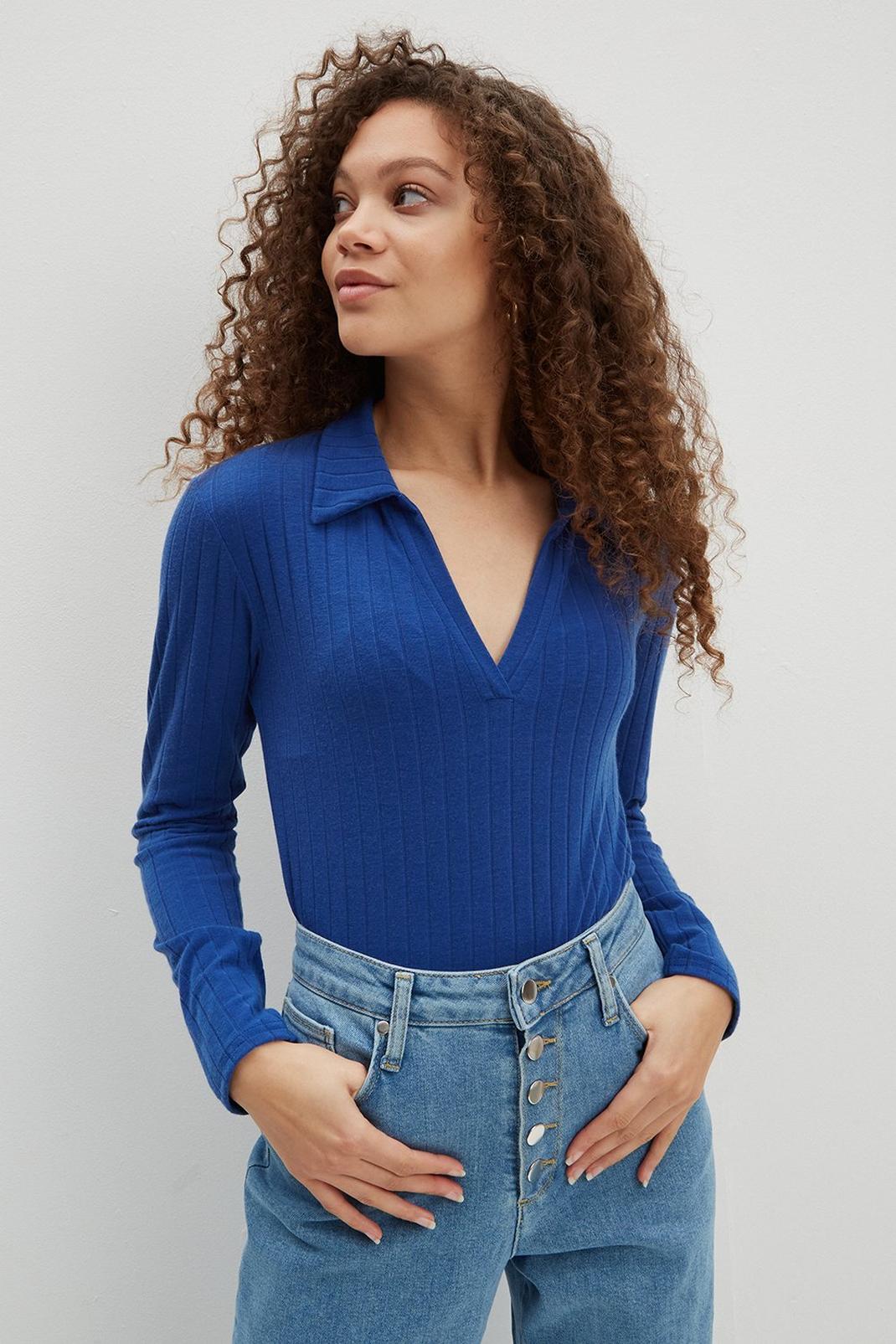 Petite Cobalt Ribbed Long Sleeve Collared Top image number 1