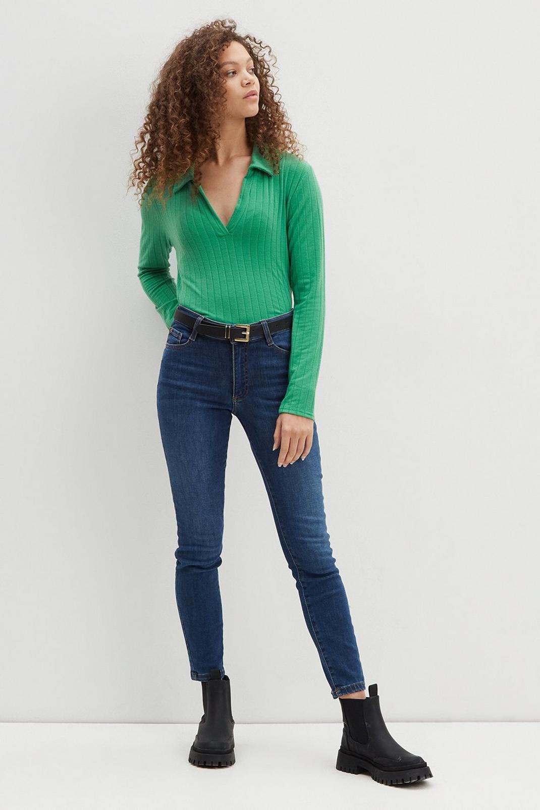 130 Petite Green Ribbed Long Sleeve Collared Top image number 2