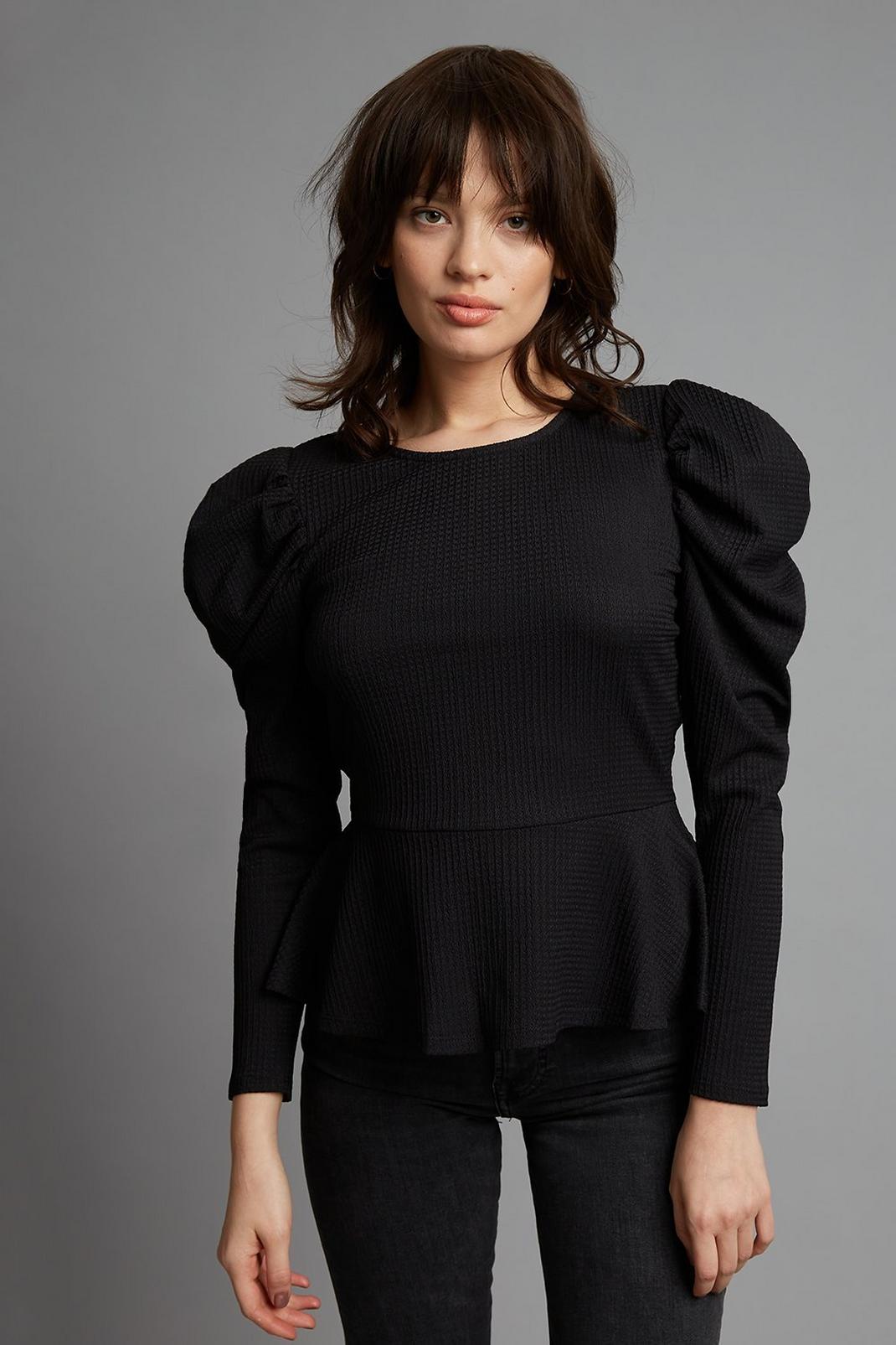 105 Petite Black Long Ruched Sleeve Top  image number 1