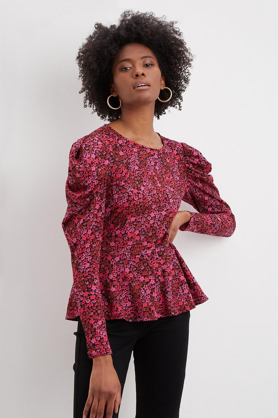 Tall Floral Long Ruched Sleeve Top