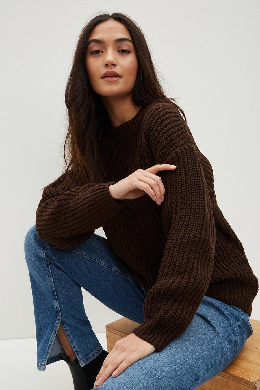 Petite Brown Chunky Crew Neck Knitted Jumper 