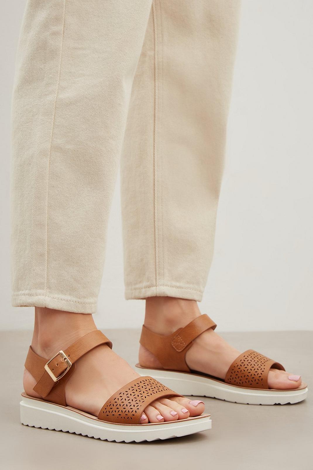 Tan Good For The Sole: Extra Wide Fit Ava Comfort Lazercut Flat Sandal image number 1