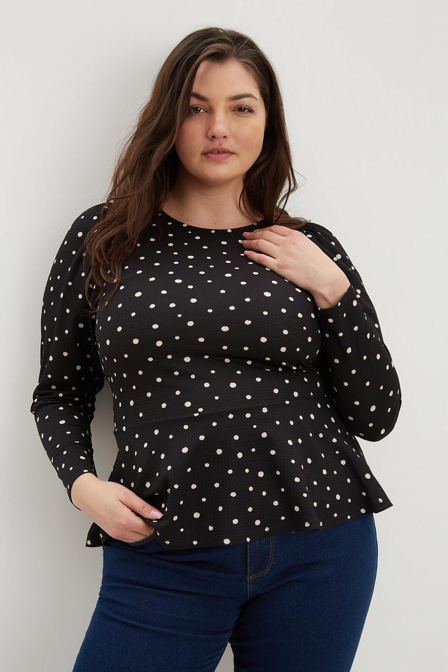 Curve Mono Spot Long Ruched Sleeve Top
