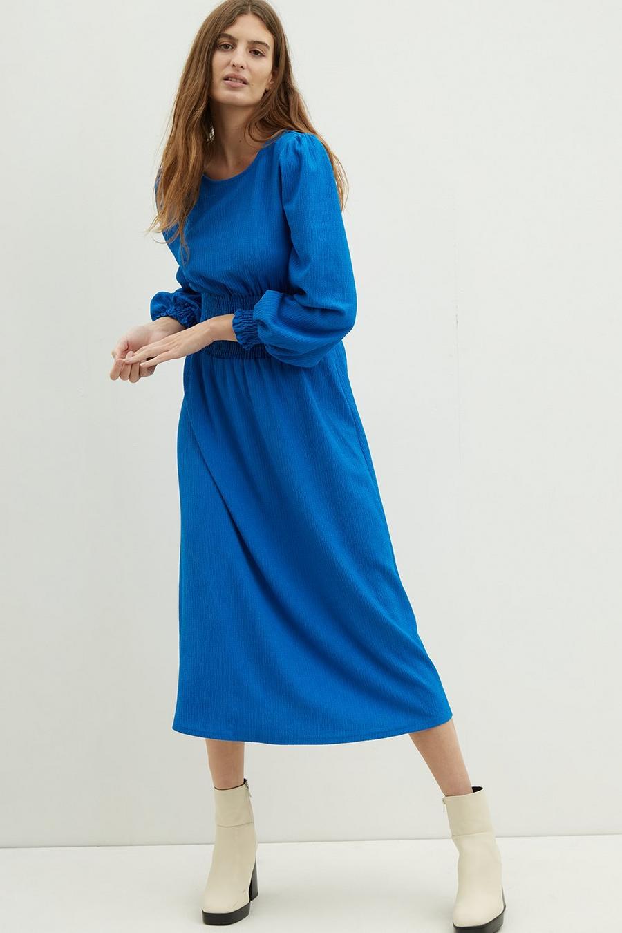 Cobalt Textured Shirred Waist Midi Dress 