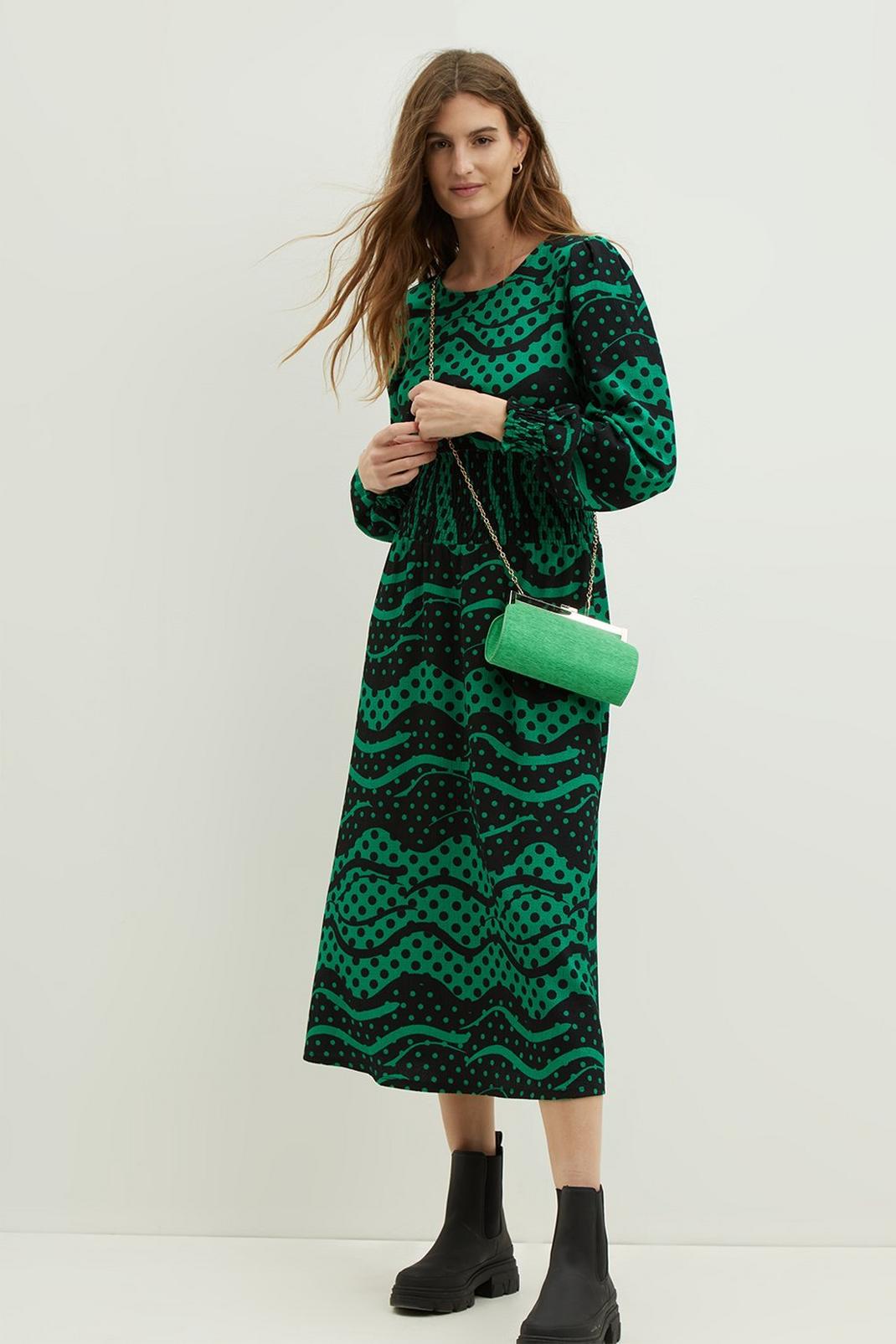 130 Green Spot Textured Shirred Waist Midi Dress image number 1