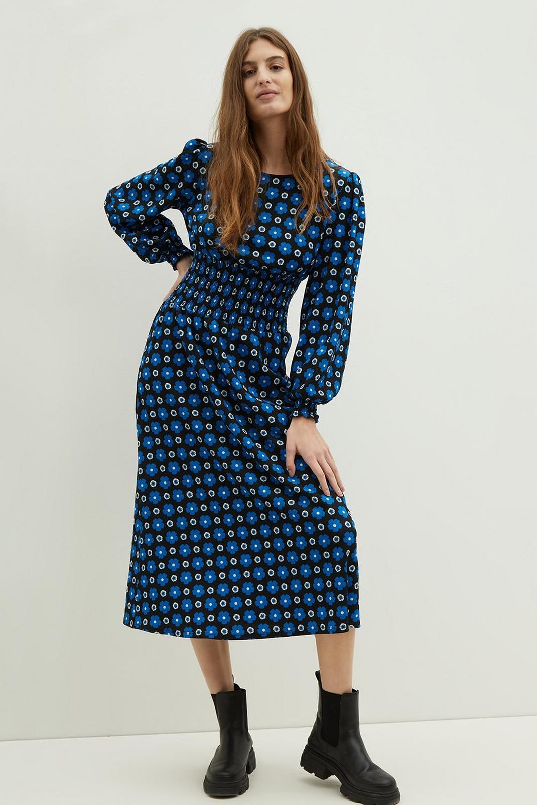 106 Blue Floral Textured Shirred Waist Midi Dress image number 1