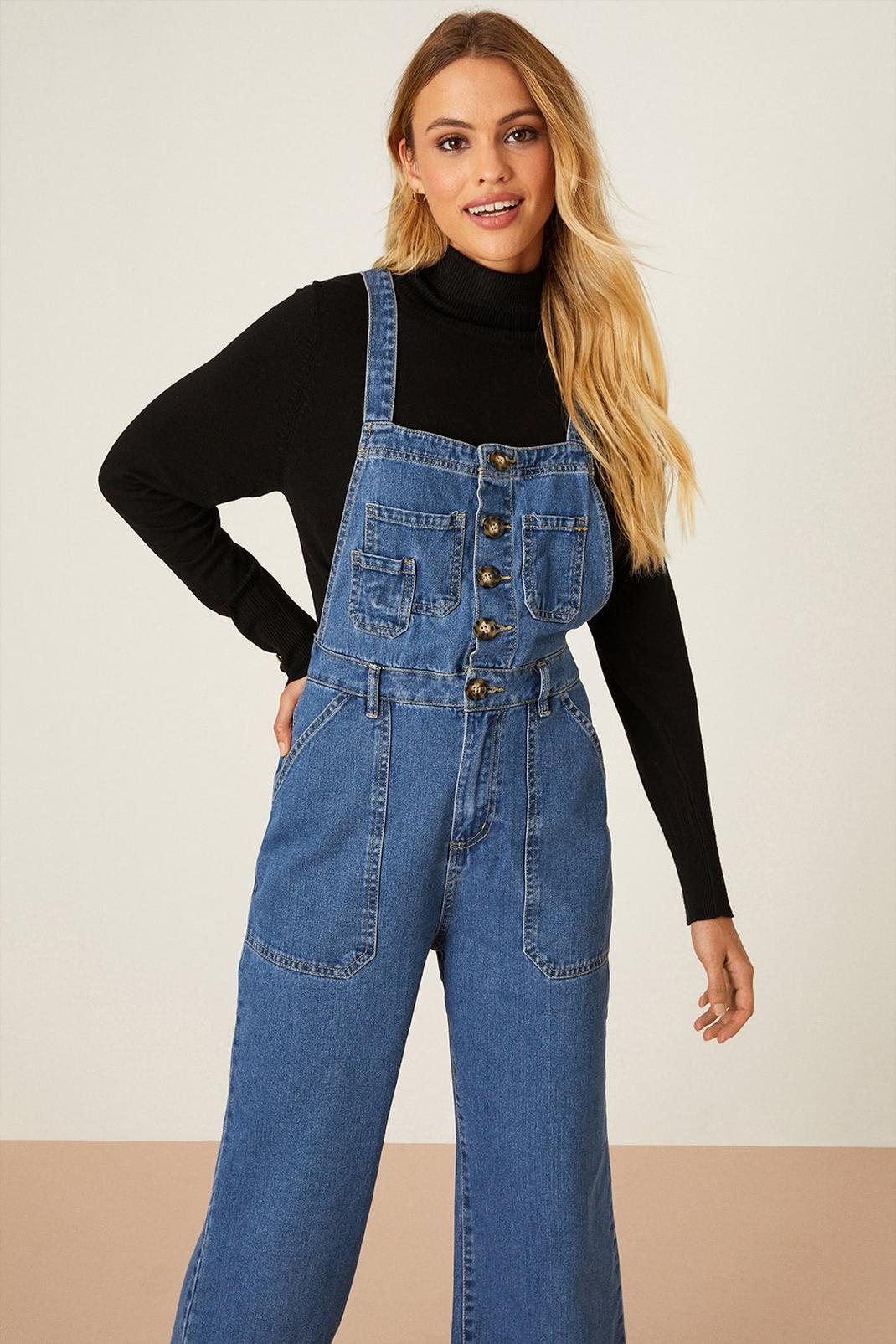 Mid wash Button Front Dungarees image number 1