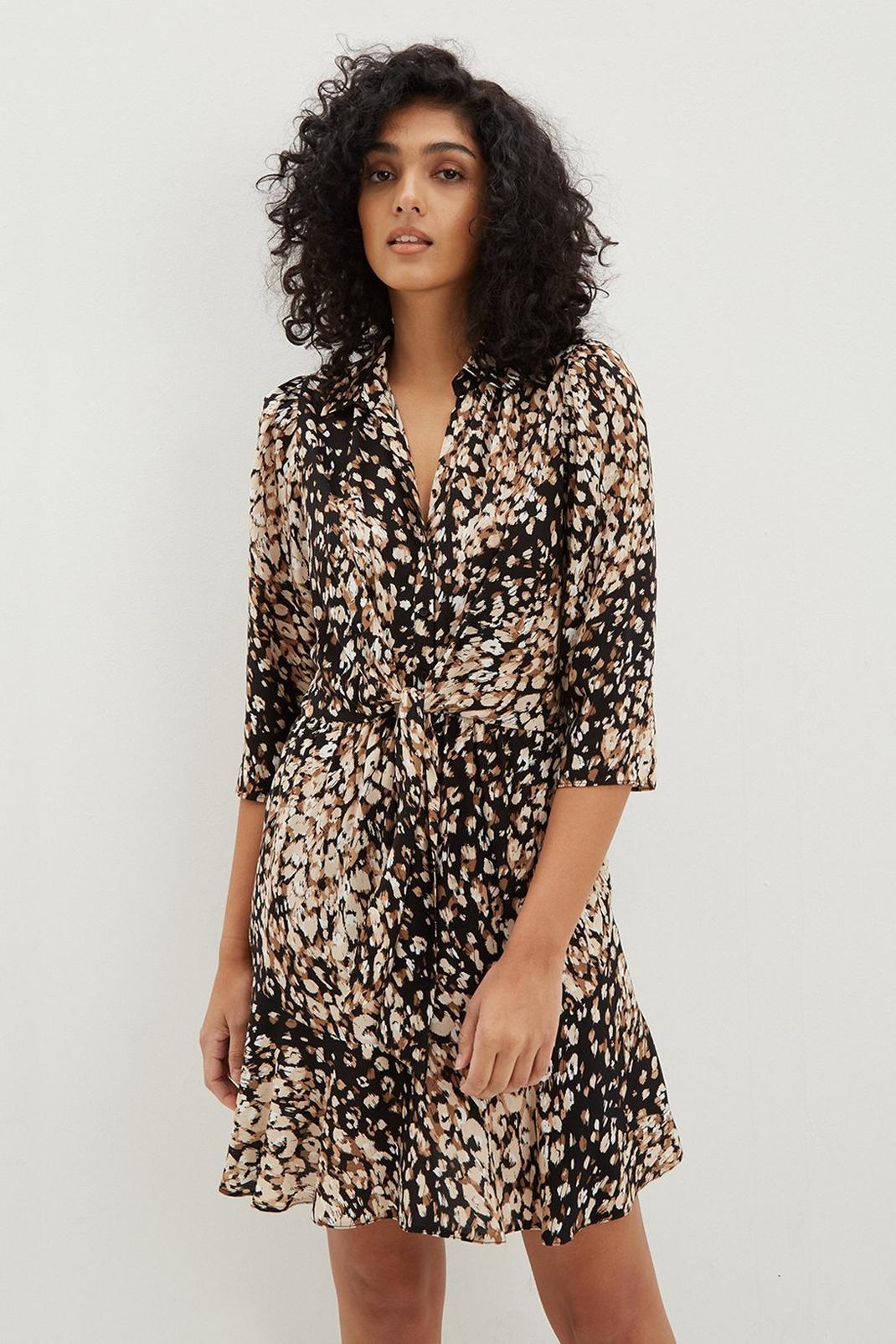 Neutral Leopard Tie Waist Mini Shirt Dress image number 1