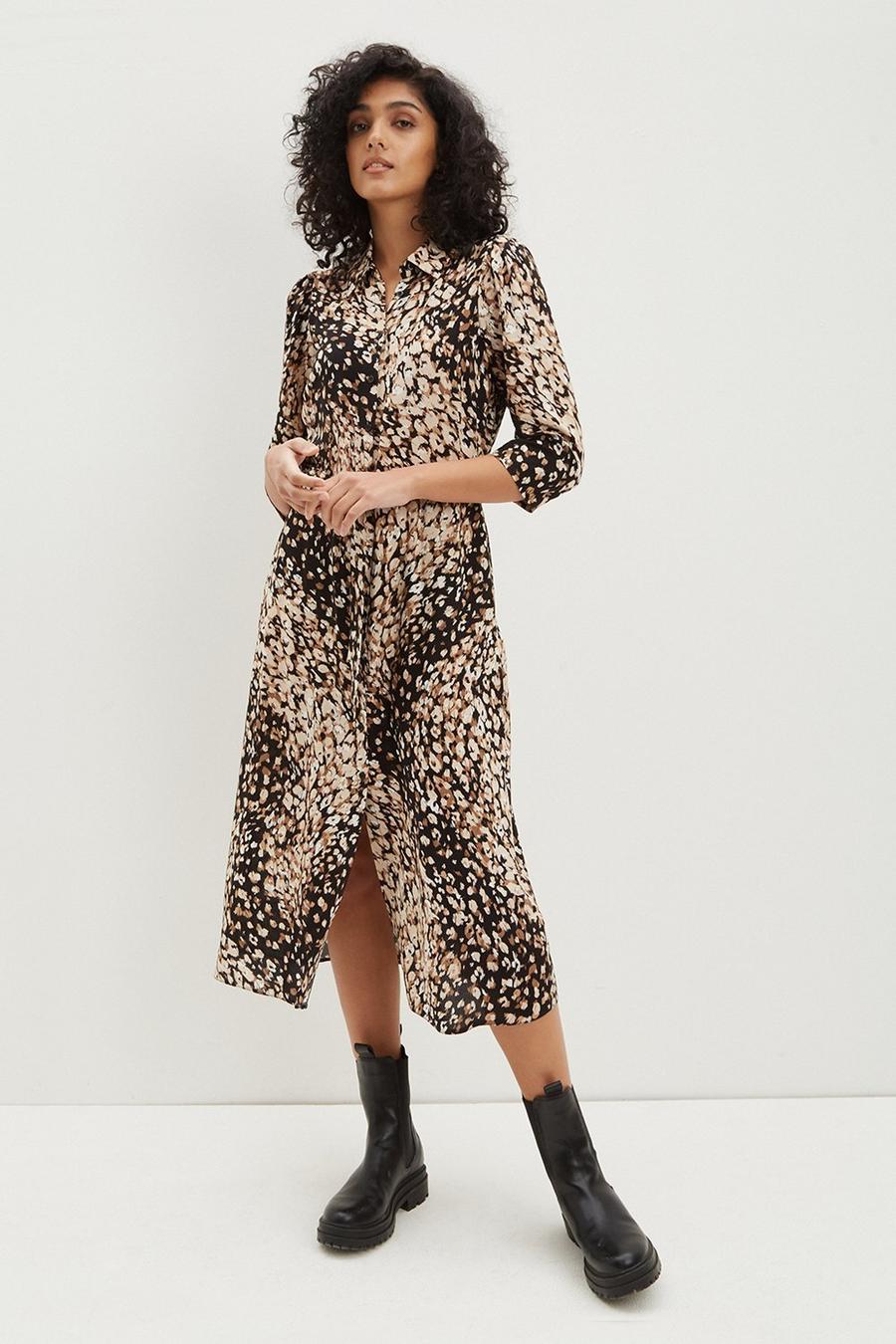 Leopard Tie Waist Midi Shirt Dress