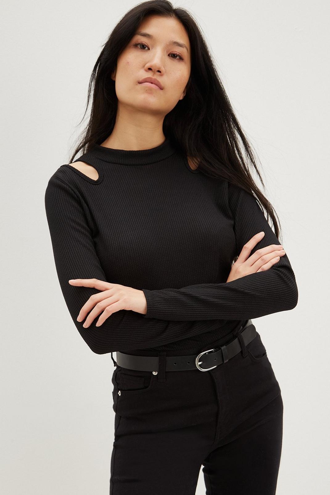 Black Rib Cut Out Long Sleeve Top image number 1