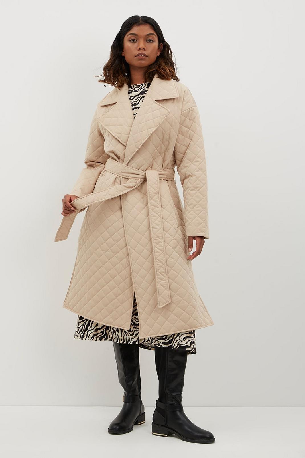 Camel Premium Quilted Belted Wrap Coat image number 1