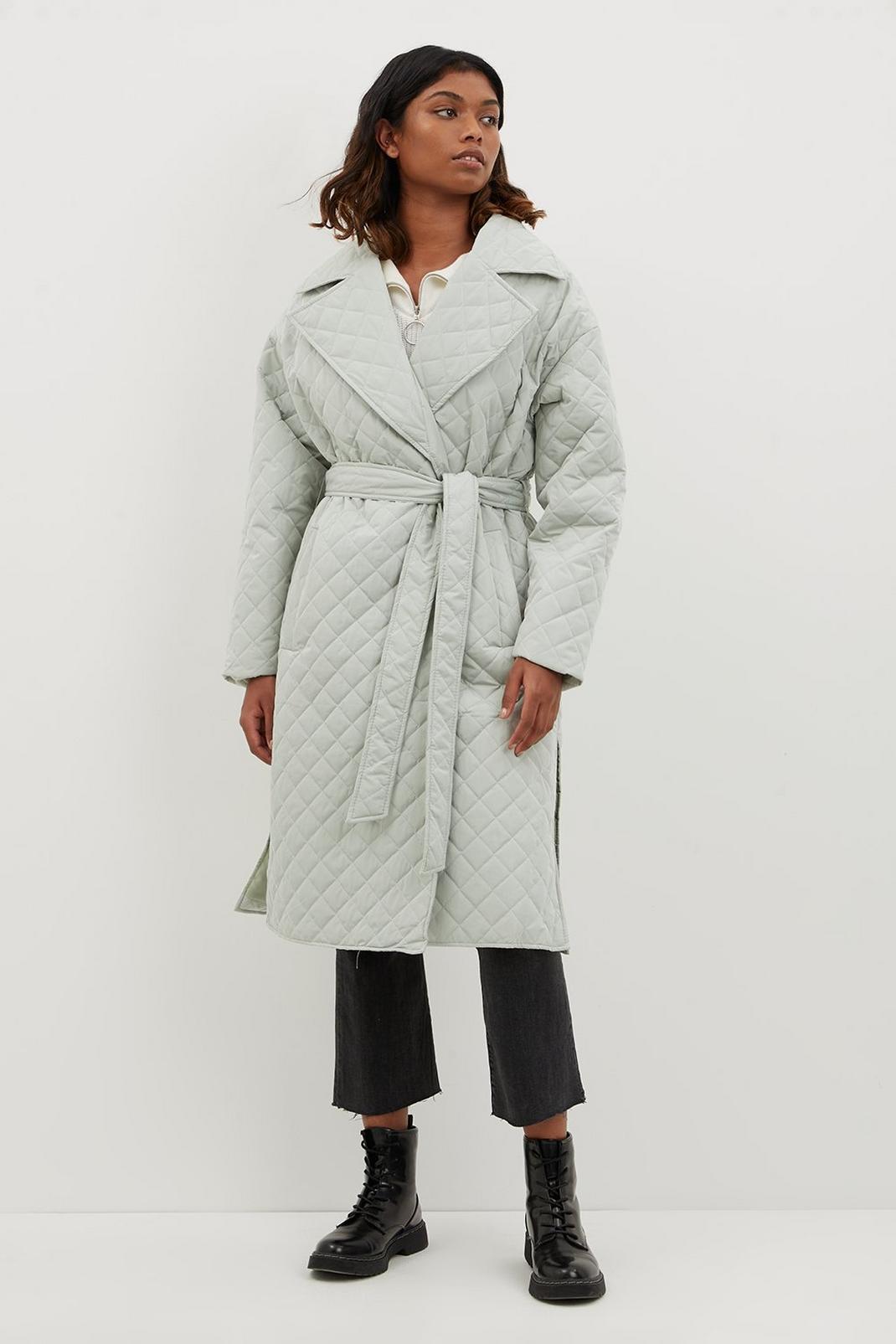 Sage Premium Quilted Belted Wrap Coat image number 1