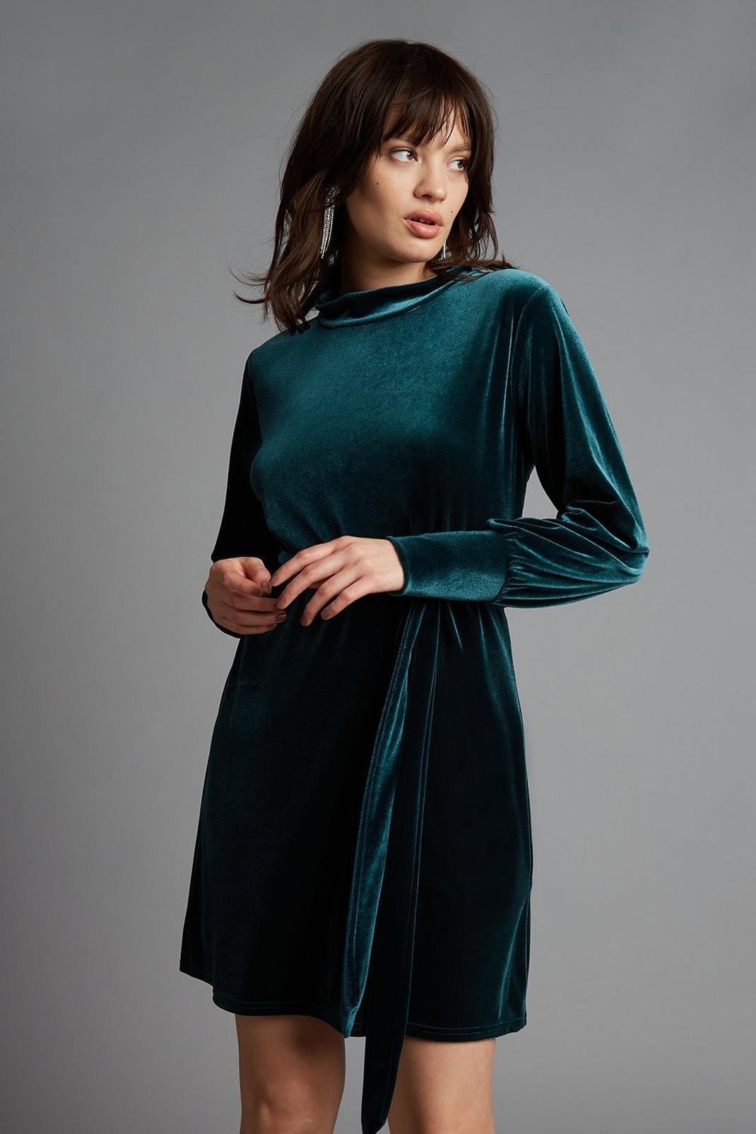 130 Tall Green Velvet Belted Mini Dress image number 2