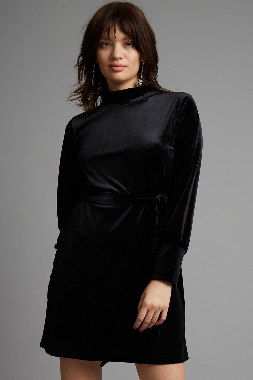 105 Tall Black Velvet Belted Mini Dress image number 2
