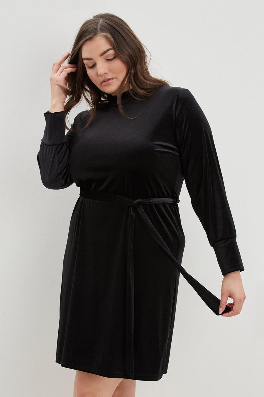 Curve Black Velvet Belted Mini Dress