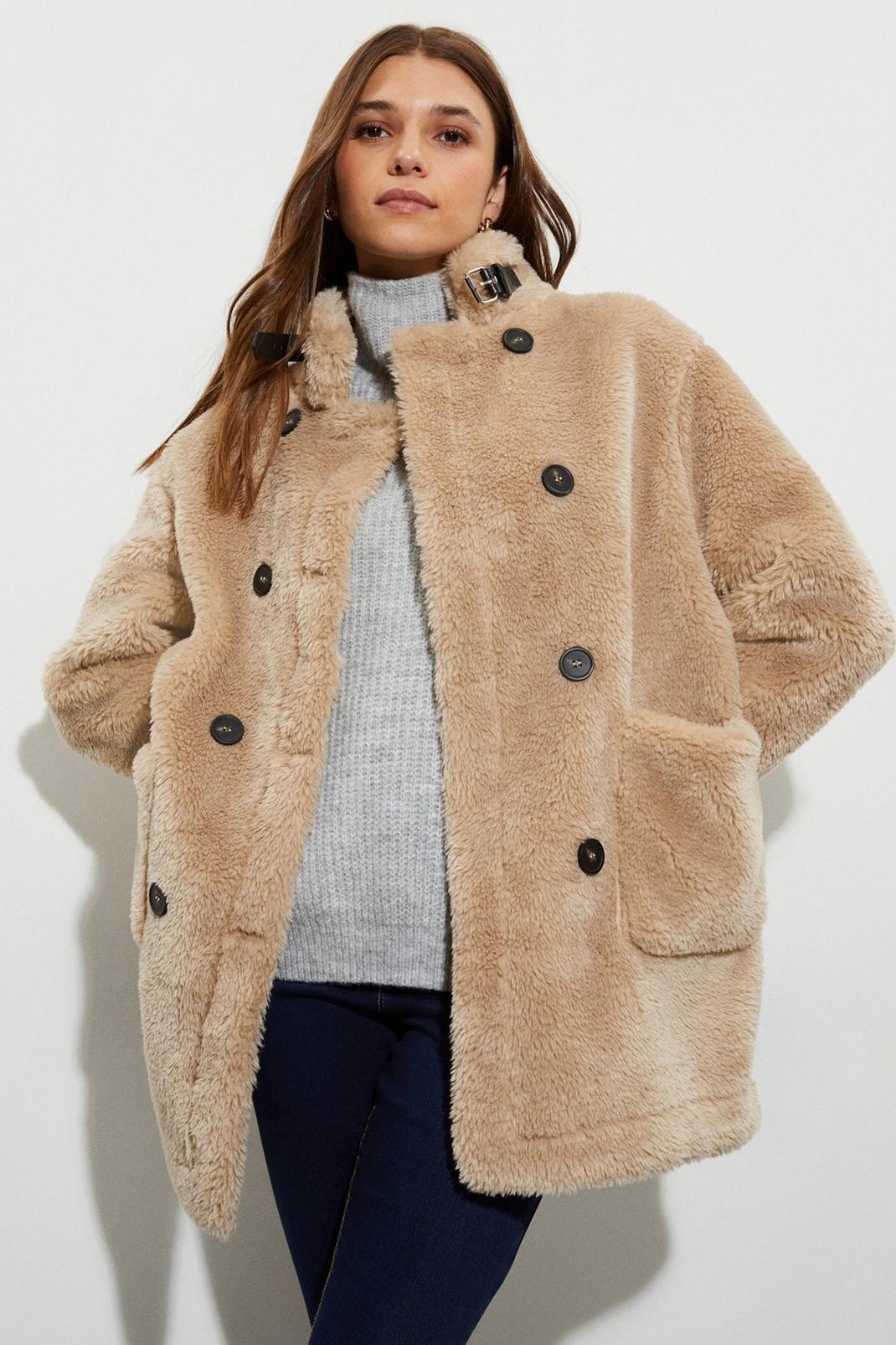 Oatmeal Double Breasted Faux Fur Contrast Coat image number 1