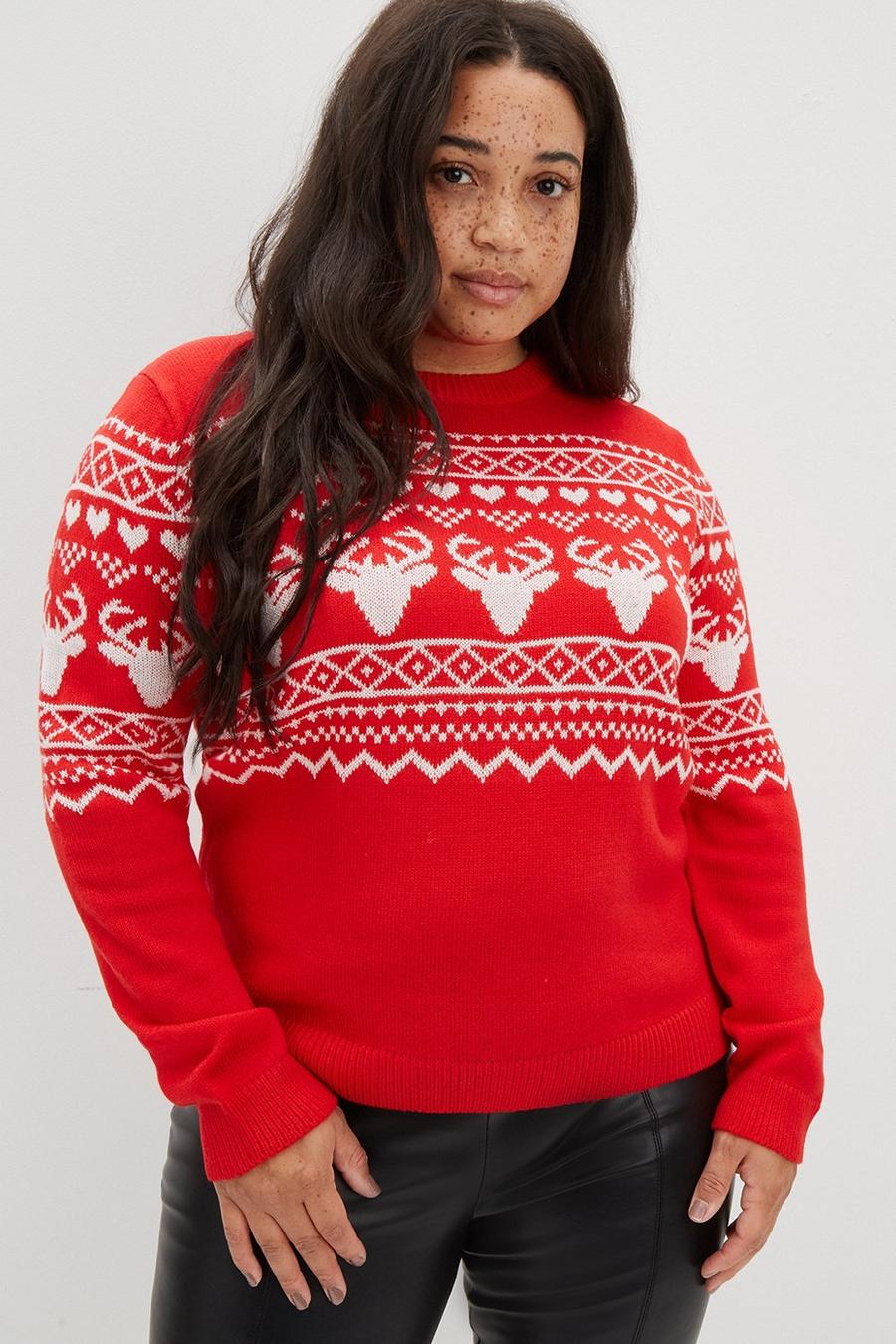 Curve Knitted Red Christmas Fair Isle Jumper