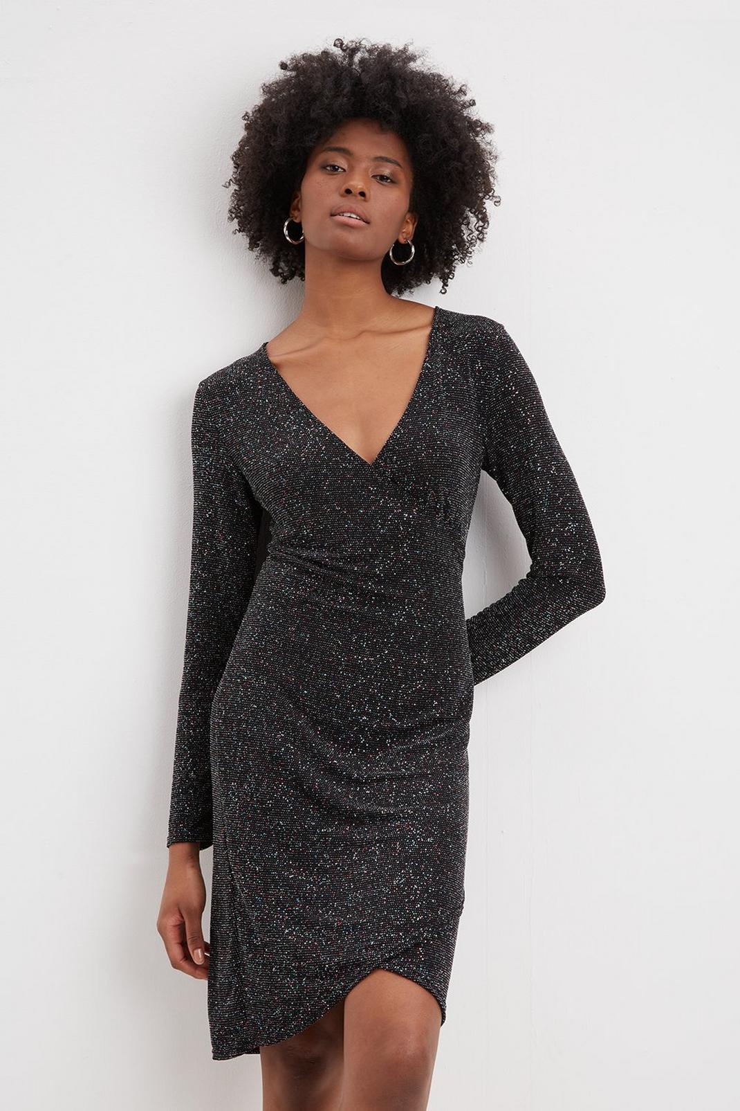 105 Tall Black Glitter Side Wrap Mini Dress image number 1