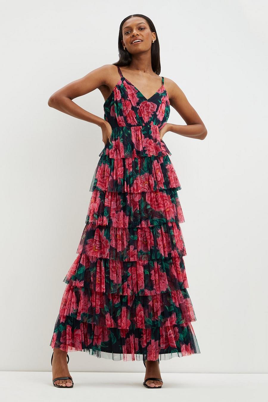 Rose Print Mesh Pleated Tiered Midaxi ​