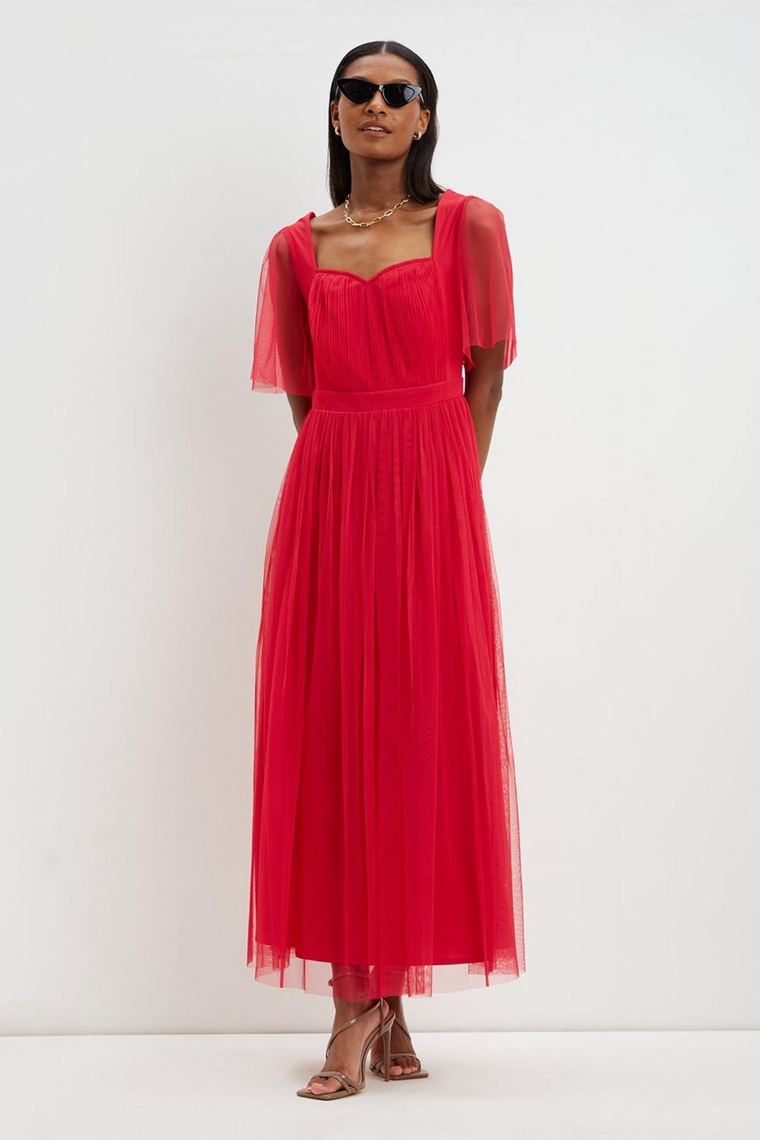 Hot pink Pink Pleated Mesh Sweetheart Midi​ Dress image number 1