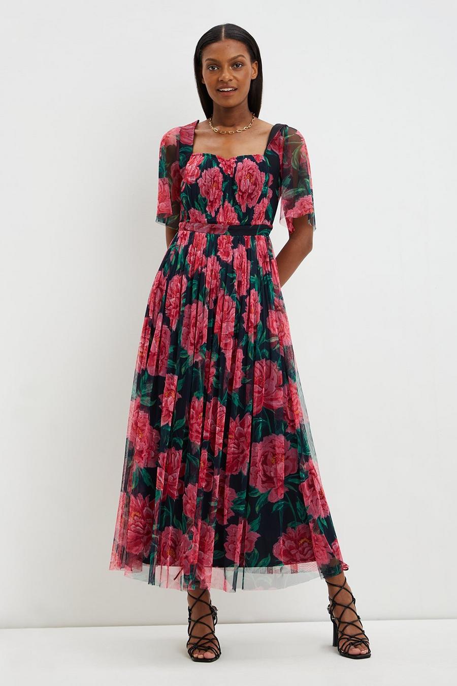 Rose Print Pleated Sweetheart Midi Dress