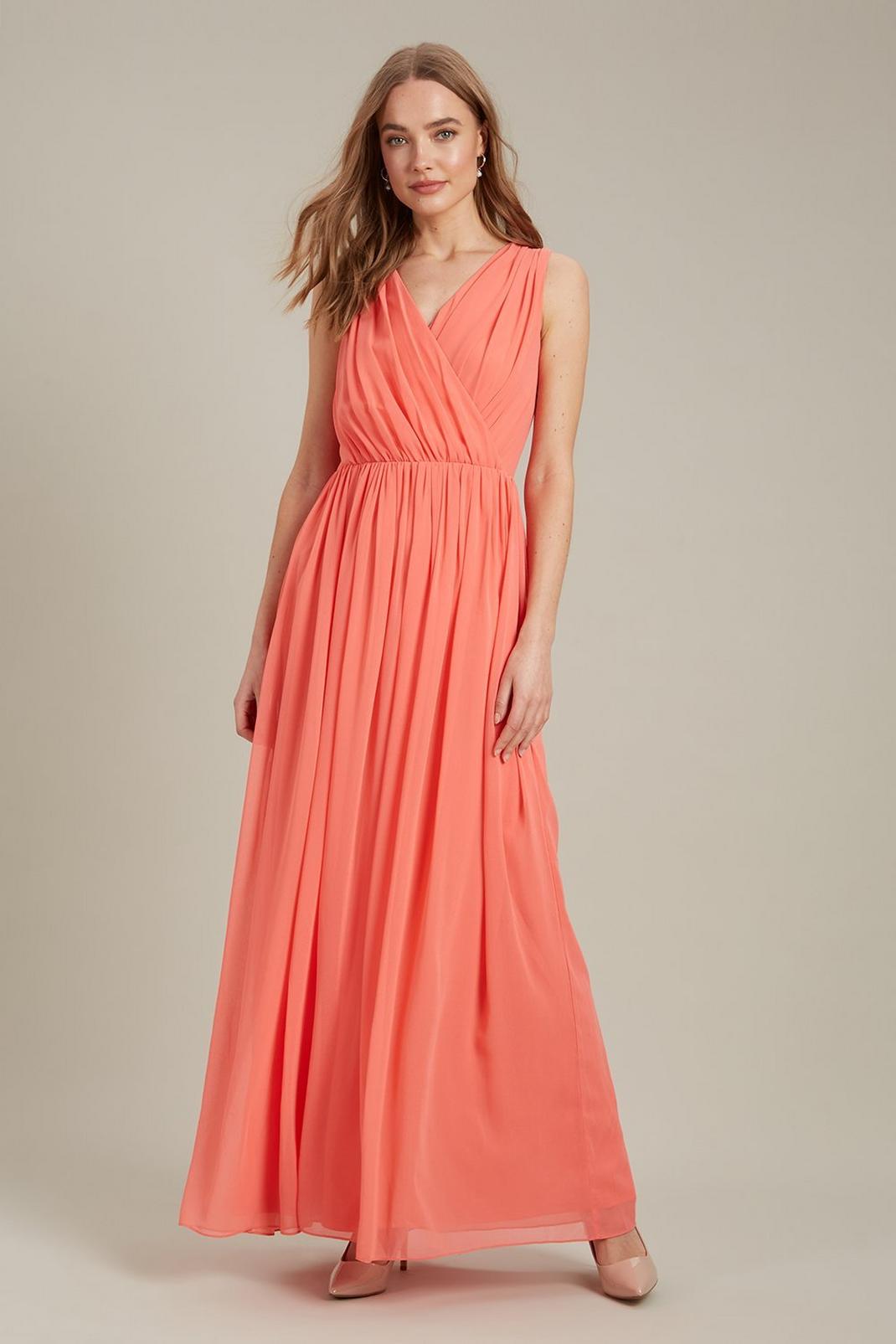 Coral Sleeveless Wrap Chiffon Maxi Dress image number 1