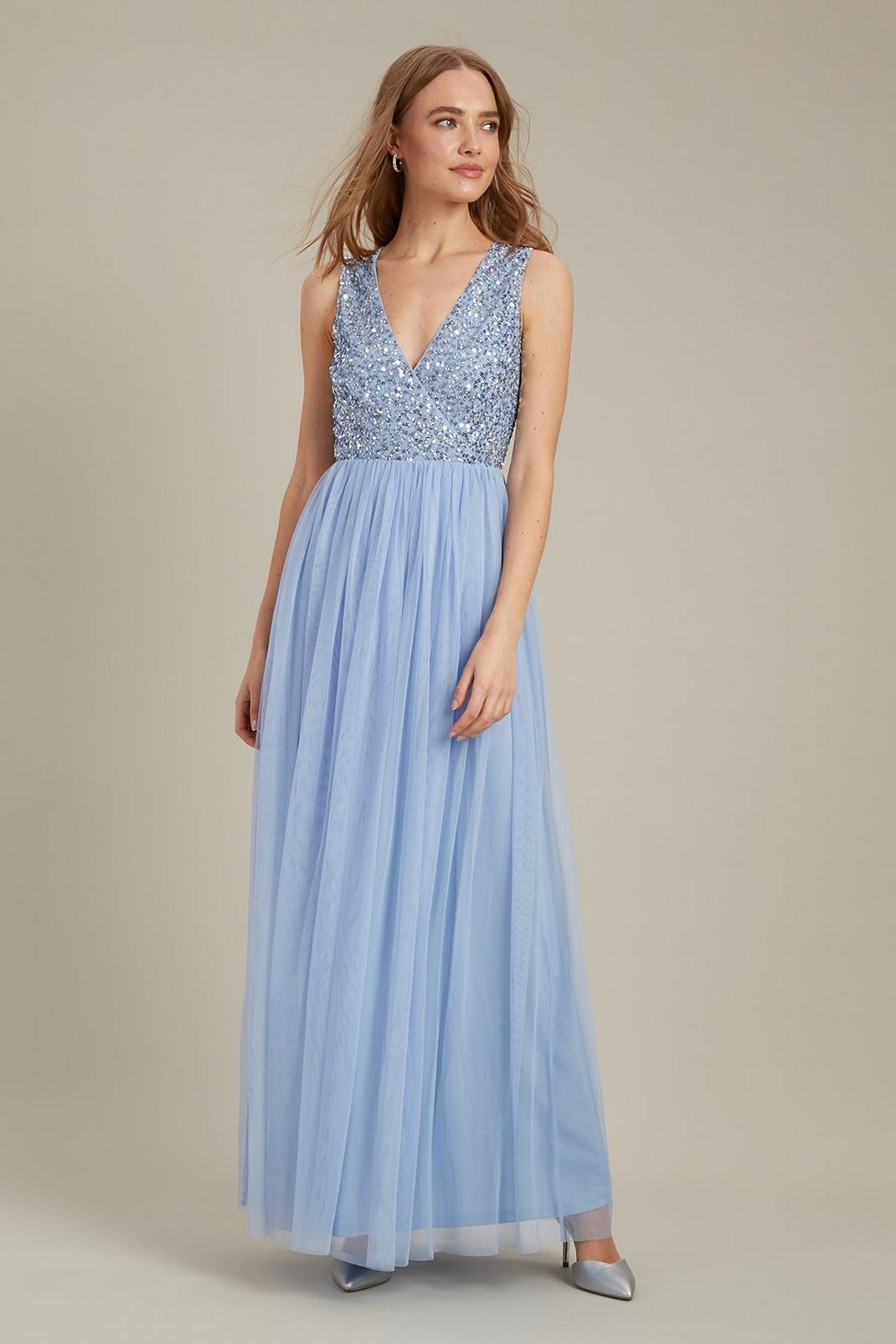 Blue Embellished V Neck Tulle Maxi Dress image number 1