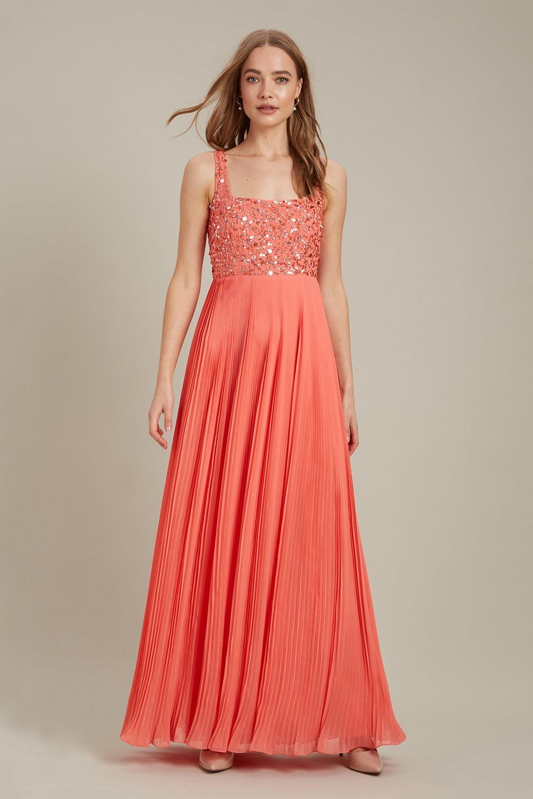 Coral Square Neck Embellished Pleated Maxi Dress image number 1